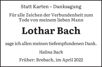 Traueranzeige von Lothar Bach von saarbruecker_zeitung