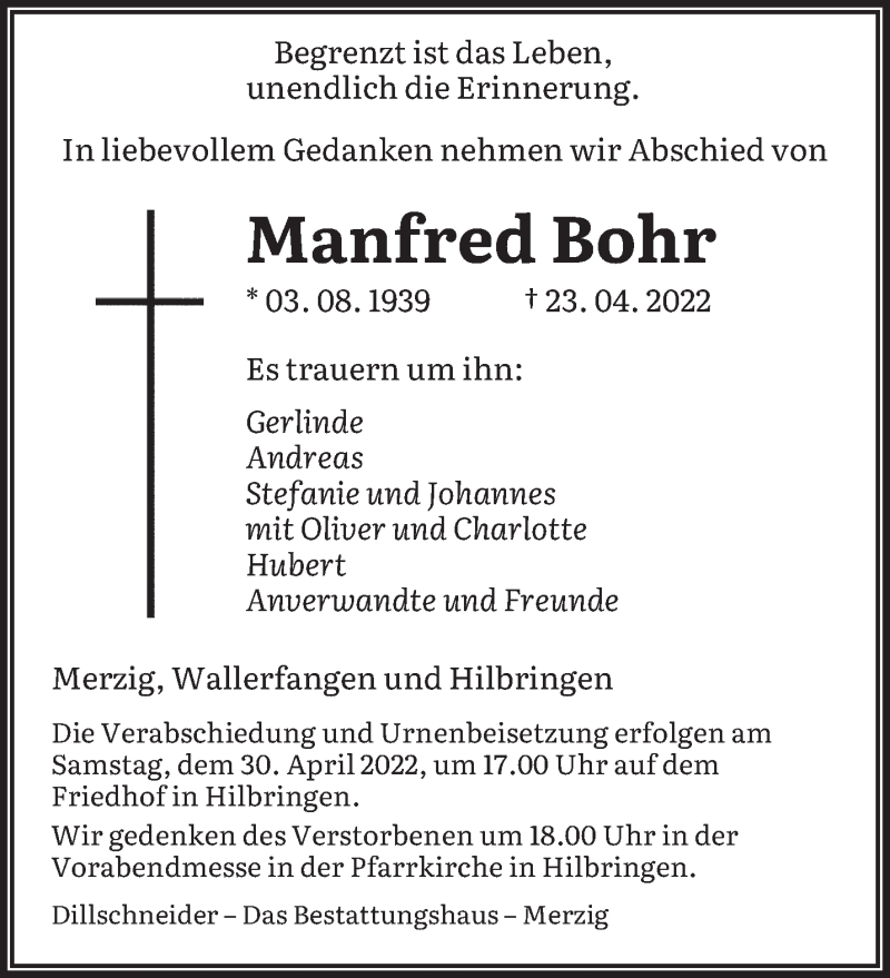  Traueranzeige für Manfred Bohr vom 28.04.2022 aus saarbruecker_zeitung