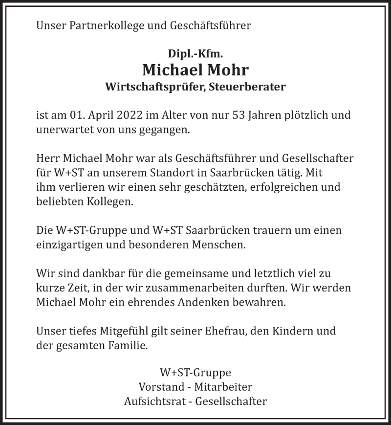  Traueranzeige für Michael Mohr vom 09.04.2022 aus saarbruecker_zeitung