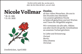 Traueranzeige von Nicole Vollmar von saarbruecker_zeitung