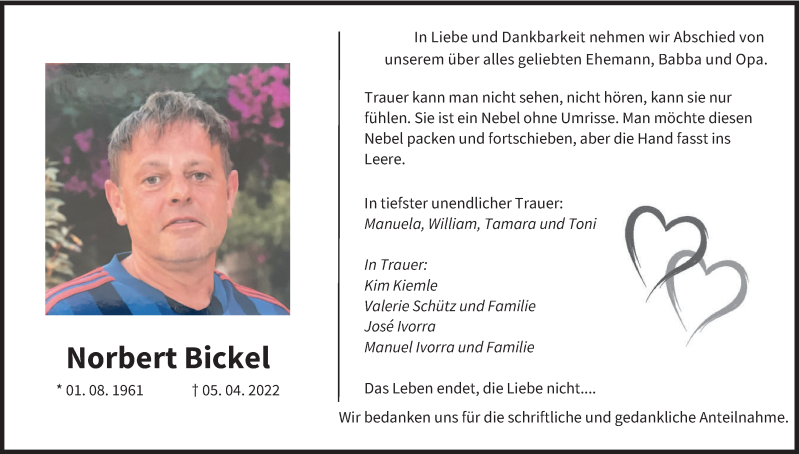  Traueranzeige für Norbert Bickel vom 11.04.2022 aus saarbruecker_zeitung