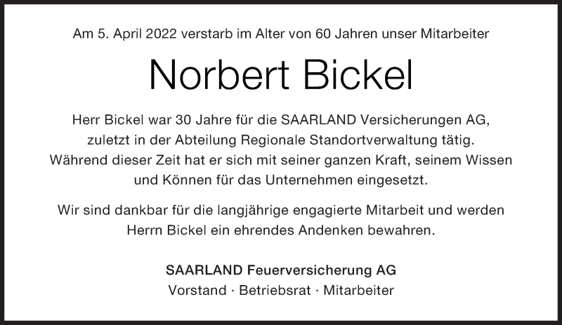  Traueranzeige für Norbert Bickel vom 13.04.2022 aus saarbruecker_zeitung