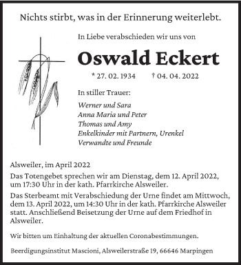 Traueranzeige von Oswald Eckert von saarbruecker_zeitung