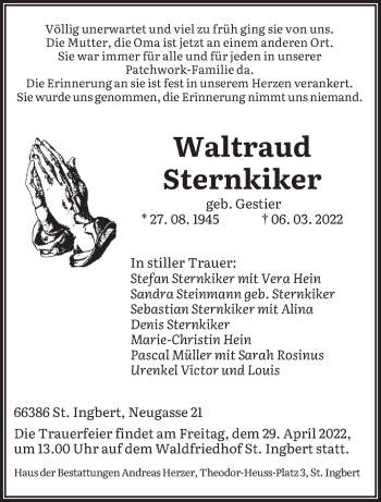 Traueranzeige von Waltraud Sternkiker von saarbruecker_zeitung