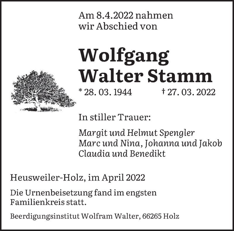  Traueranzeige für Wolfgang Walter Stamm vom 13.04.2022 aus saarbruecker_zeitung