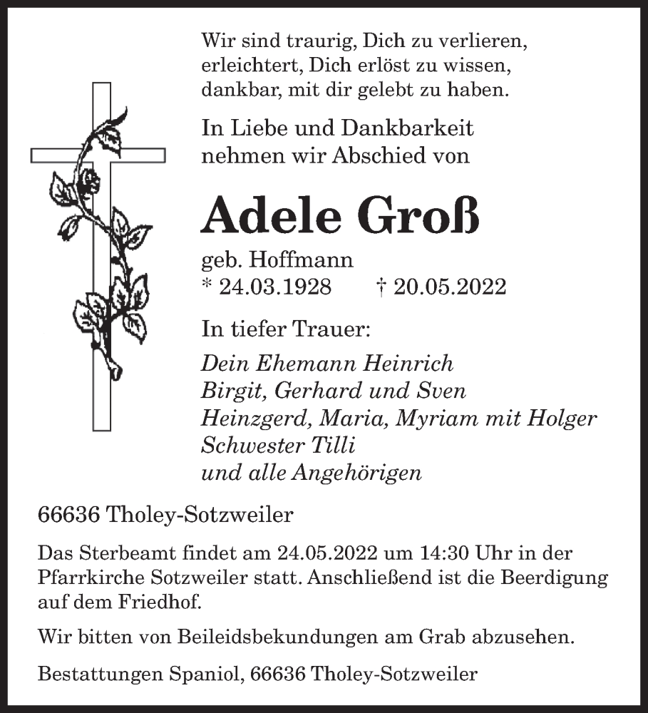  Traueranzeige für Adele Groß vom 23.05.2022 aus saarbruecker_zeitung