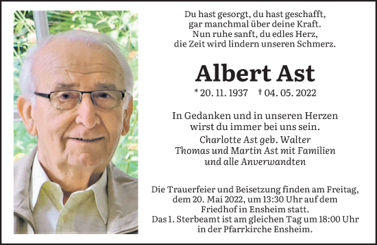 Traueranzeige von Albert Ast von saarbruecker_zeitung