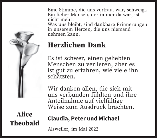 Traueranzeige von Alice Theobald von saarbruecker_zeitung