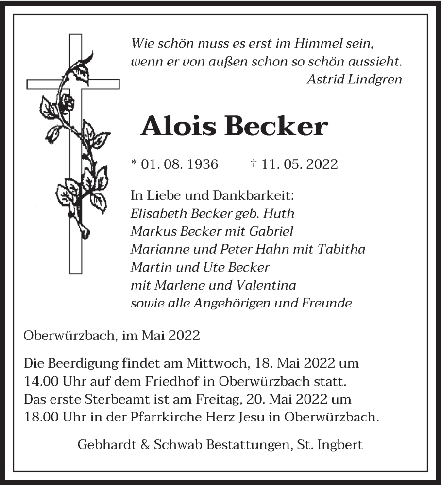  Traueranzeige für Alois Becker vom 14.05.2022 aus saarbruecker_zeitung