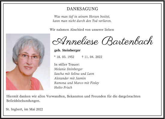 Traueranzeige von Anneliese Bartenbach von saarbruecker_zeitung