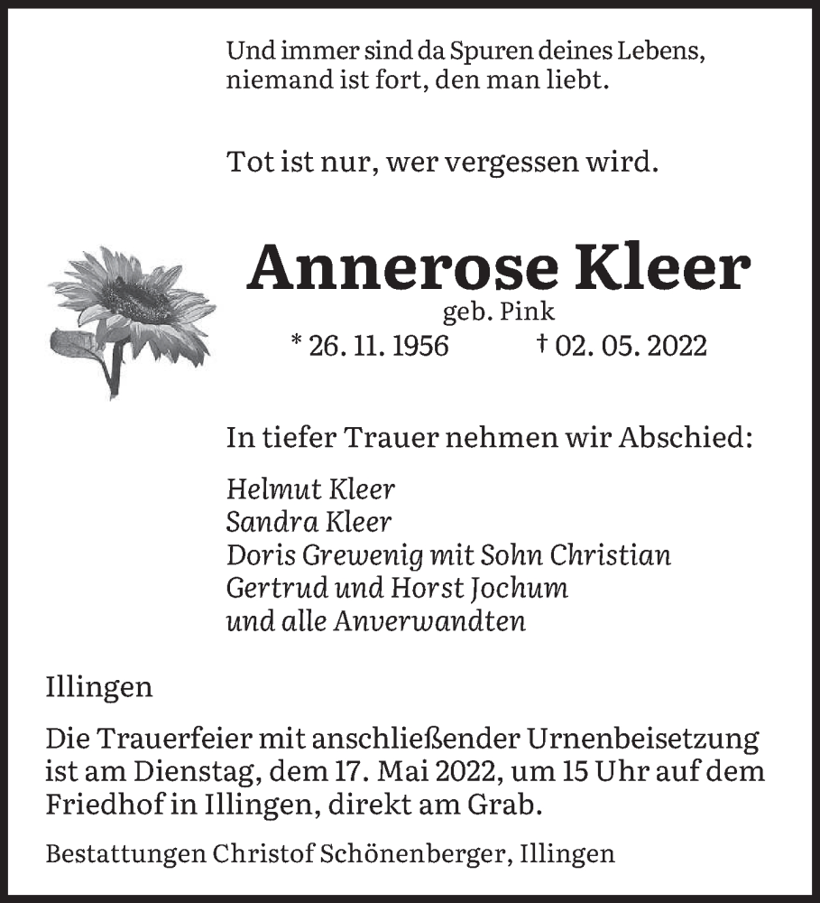  Traueranzeige für Annerose Kleer vom 14.05.2022 aus saarbruecker_zeitung