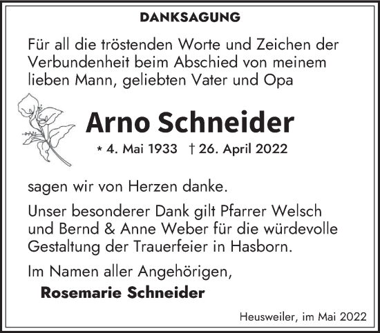 Traueranzeige von Arno Schneider von saarbruecker_zeitung