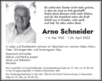 Traueranzeige von Arno Schneider von saarbruecker_zeitung