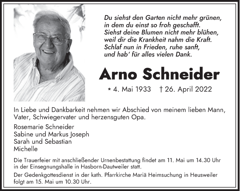  Traueranzeige für Arno Schneider vom 30.04.2022 aus saarbruecker_zeitung