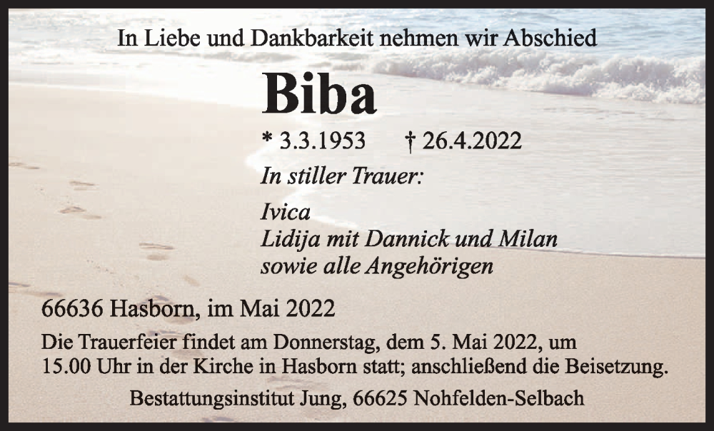  Traueranzeige für Biba  vom 04.05.2022 aus saarbruecker_zeitung
