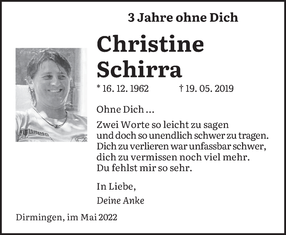  Traueranzeige für Christine Schirra vom 19.05.2022 aus saarbruecker_zeitung