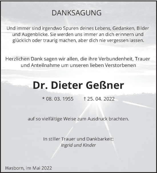 Traueranzeige von Dieter Geßner von saarbruecker_zeitung