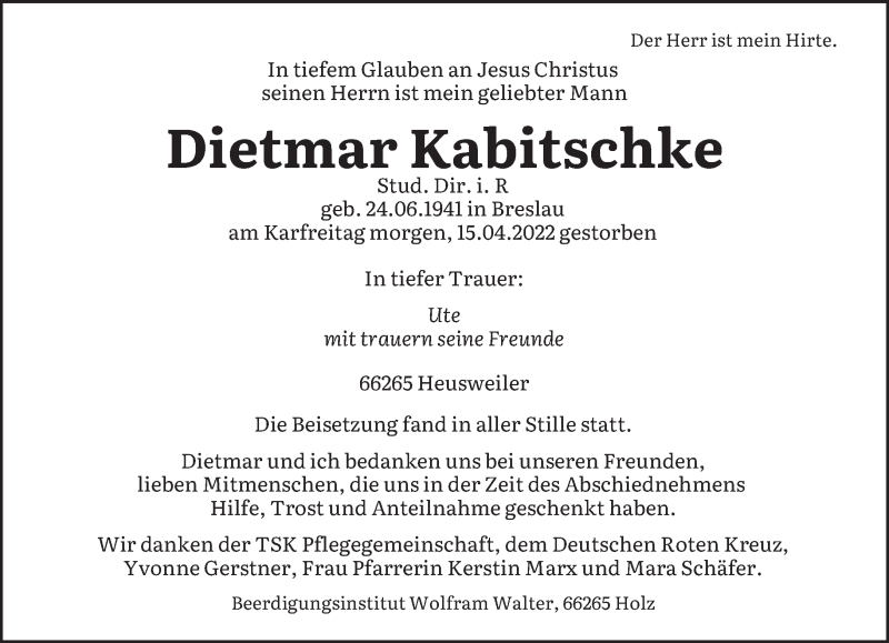  Traueranzeige für Dietmar Kabitschke vom 30.04.2022 aus saarbruecker_zeitung