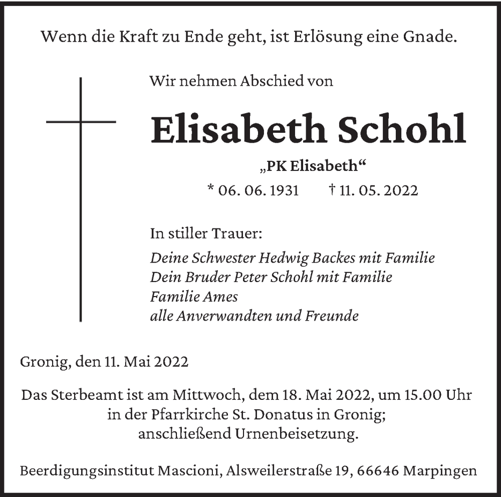  Traueranzeige für Elisabeth Schohl vom 14.05.2022 aus saarbruecker_zeitung