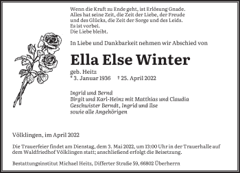 Traueranzeige von Ella Else Winter von saarbruecker_zeitung