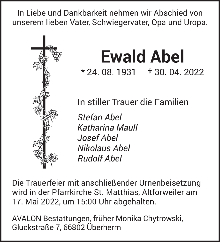  Traueranzeige für Ewald Abel vom 07.05.2022 aus saarbruecker_zeitung