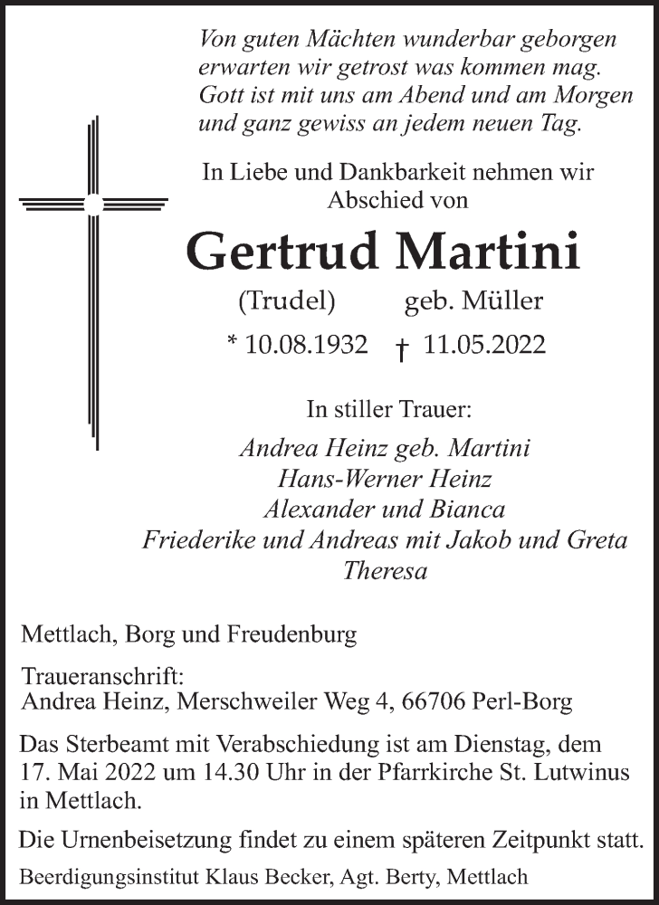  Traueranzeige für Gertrud Martini vom 14.05.2022 aus saarbruecker_zeitung