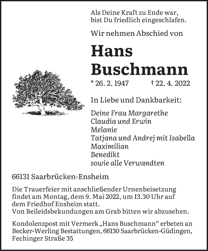  Traueranzeige für Hans Buschmann vom 30.04.2022 aus saarbruecker_zeitung