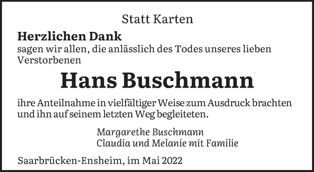  Traueranzeige für Hans Buschmann vom 28.05.2022 aus saarbruecker_zeitung