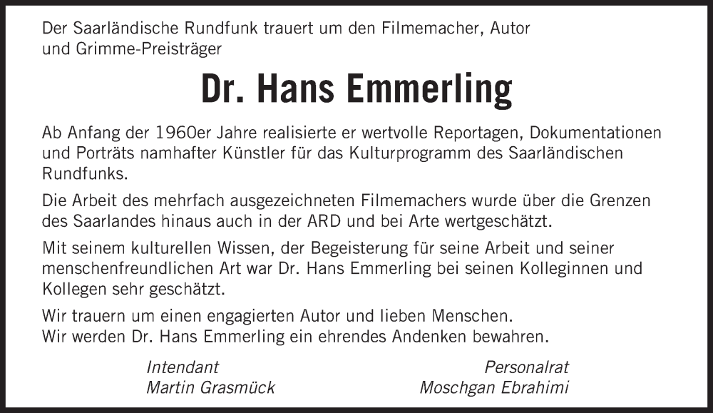  Traueranzeige für Hans Emmerling vom 04.05.2022 aus saarbruecker_zeitung