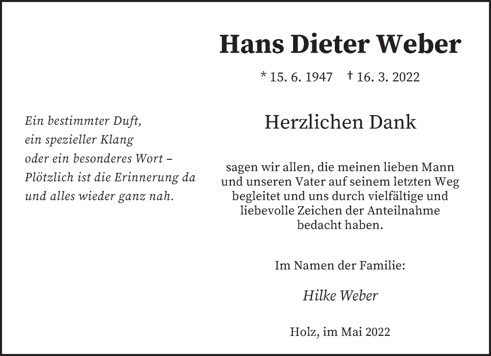  Traueranzeige für Hans Dieter Weber vom 07.05.2022 aus saarbruecker_zeitung