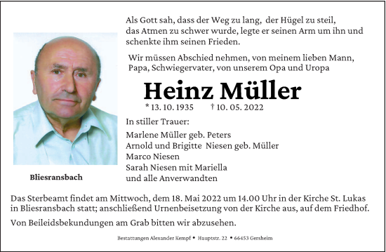 Traueranzeige von Heinz Müller von saarbruecker_zeitung