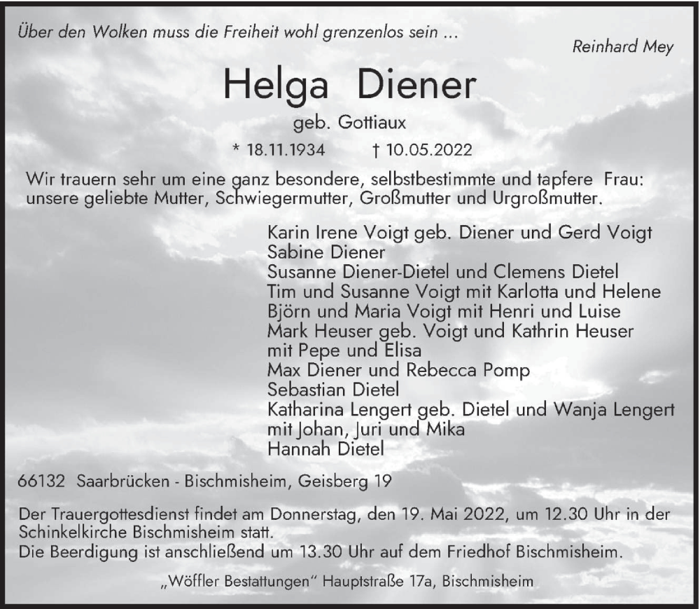  Traueranzeige für Helga Diener vom 14.05.2022 aus saarbruecker_zeitung