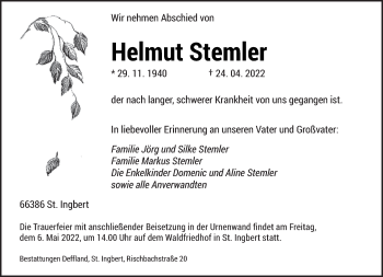 Traueranzeige von Helmut Stemler von saarbruecker_zeitung