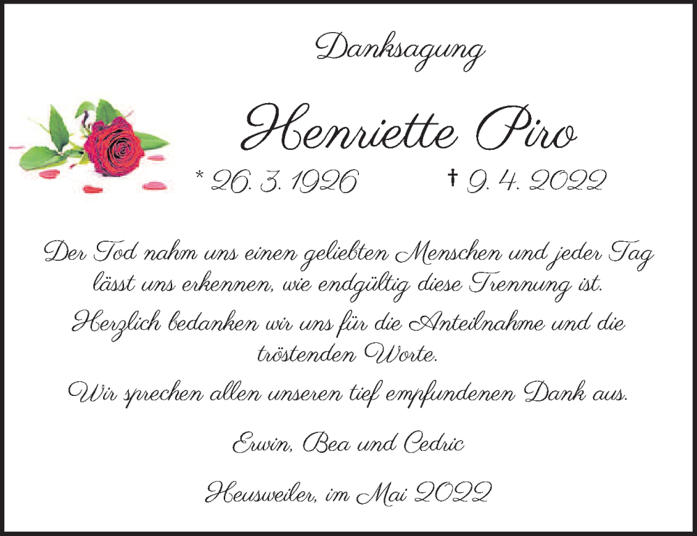  Traueranzeige für Henriette Piro vom 14.05.2022 aus saarbruecker_zeitung