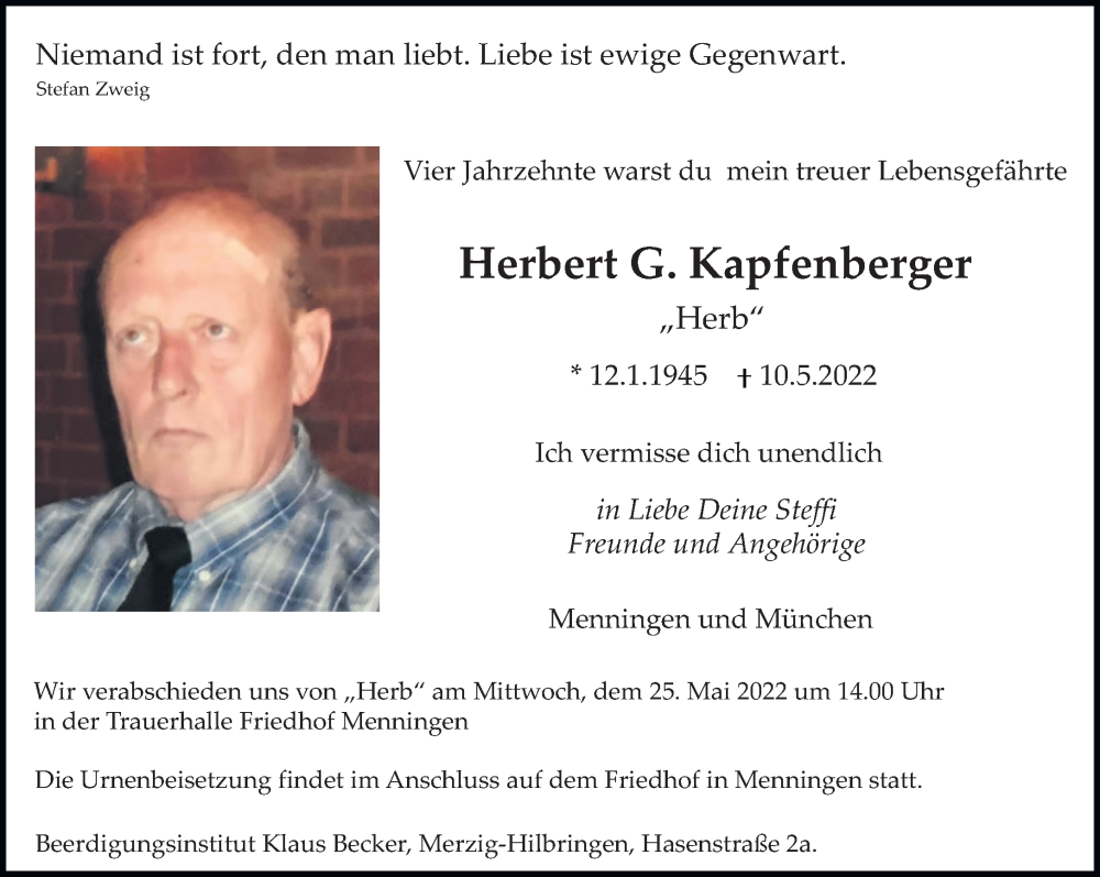 Traueranzeige für Herbert G. Kapfenberger vom 20.05.2022 aus saarbruecker_zeitung