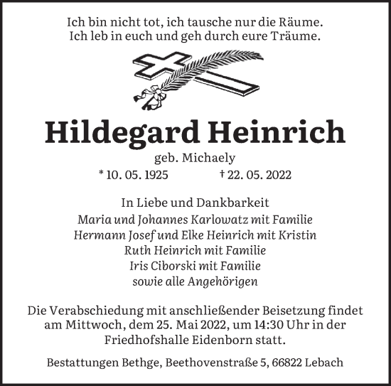 Traueranzeige von Hildegard Heinrich von saarbruecker_zeitung