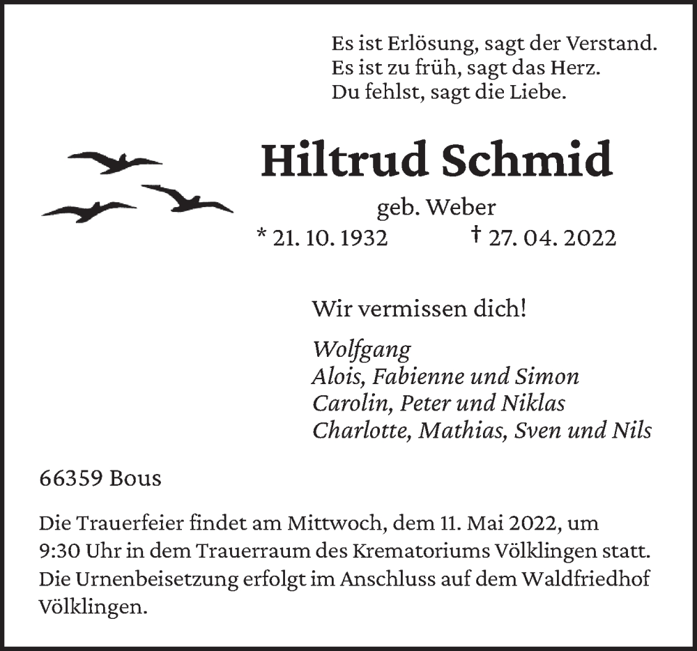  Traueranzeige für Hiltrud Schmid vom 07.05.2022 aus saarbruecker_zeitung