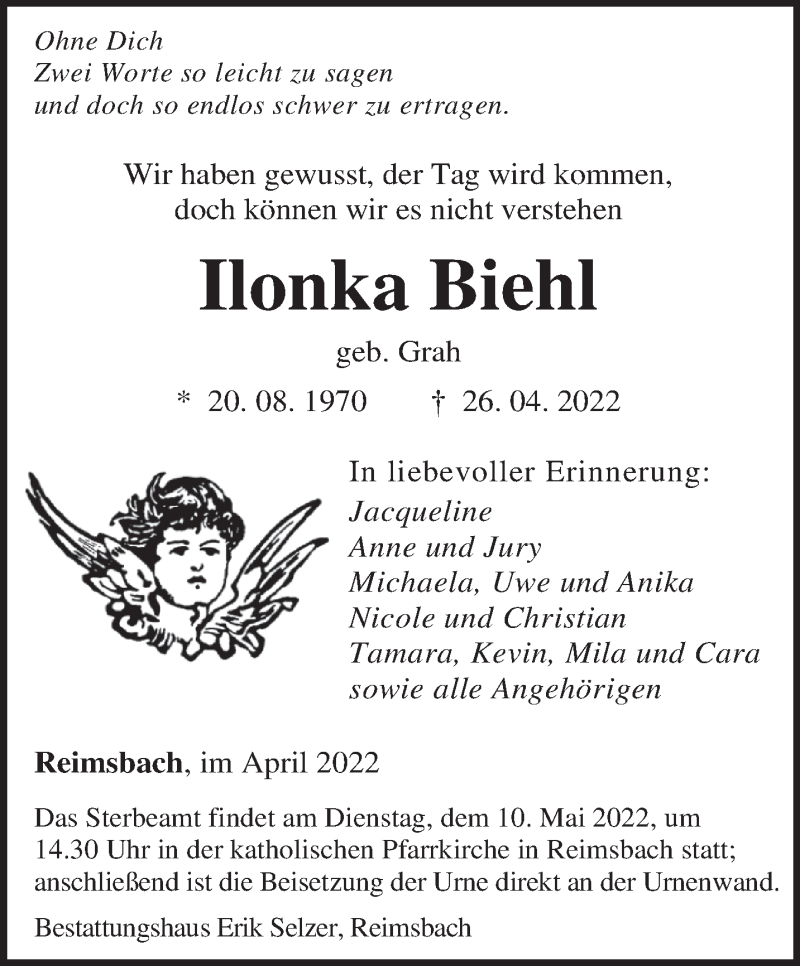  Traueranzeige für Ilonka Biehl vom 30.04.2022 aus saarbruecker_zeitung
