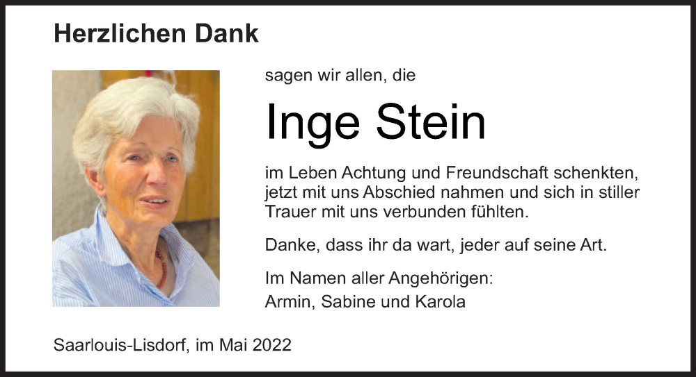  Traueranzeige für Inge Stein vom 14.05.2022 aus saarbruecker_zeitung