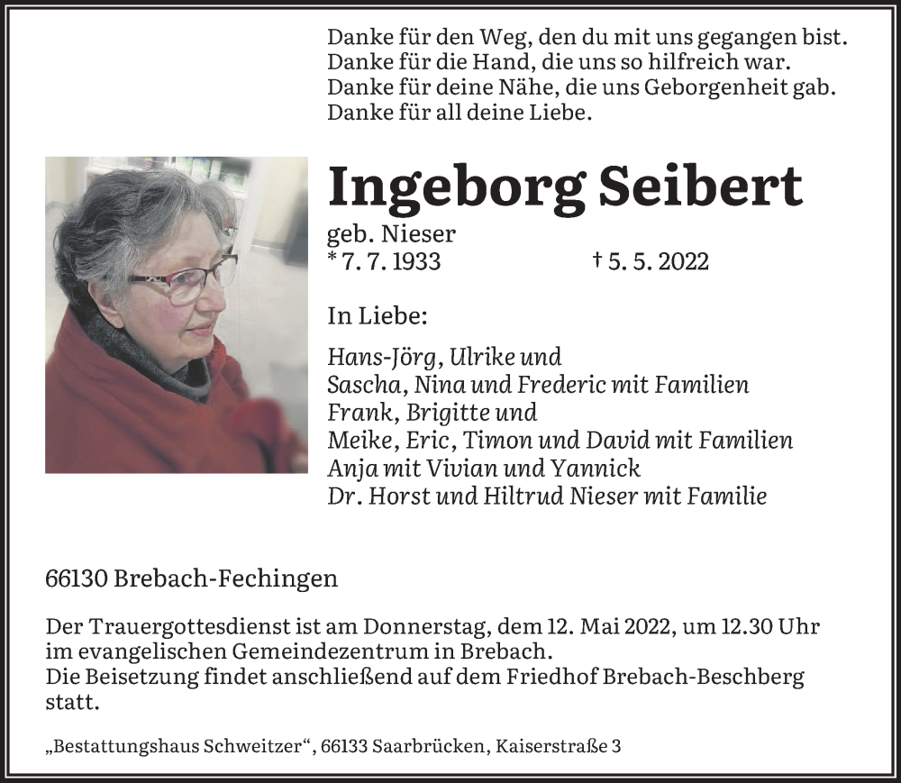 Traueranzeige für Ingeborg Seibert vom 07.05.2022 aus saarbruecker_zeitung