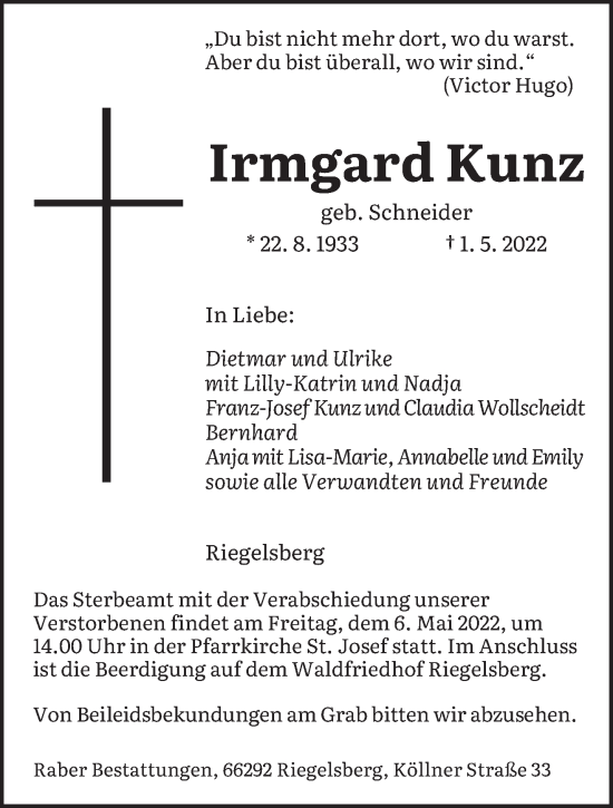 Traueranzeigen Von Irmgard Kunz Saarbruecker Zeitung Trauer De