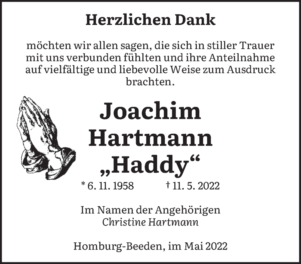  Traueranzeige für Joachim Hartmann vom 21.05.2022 aus saarbruecker_zeitung