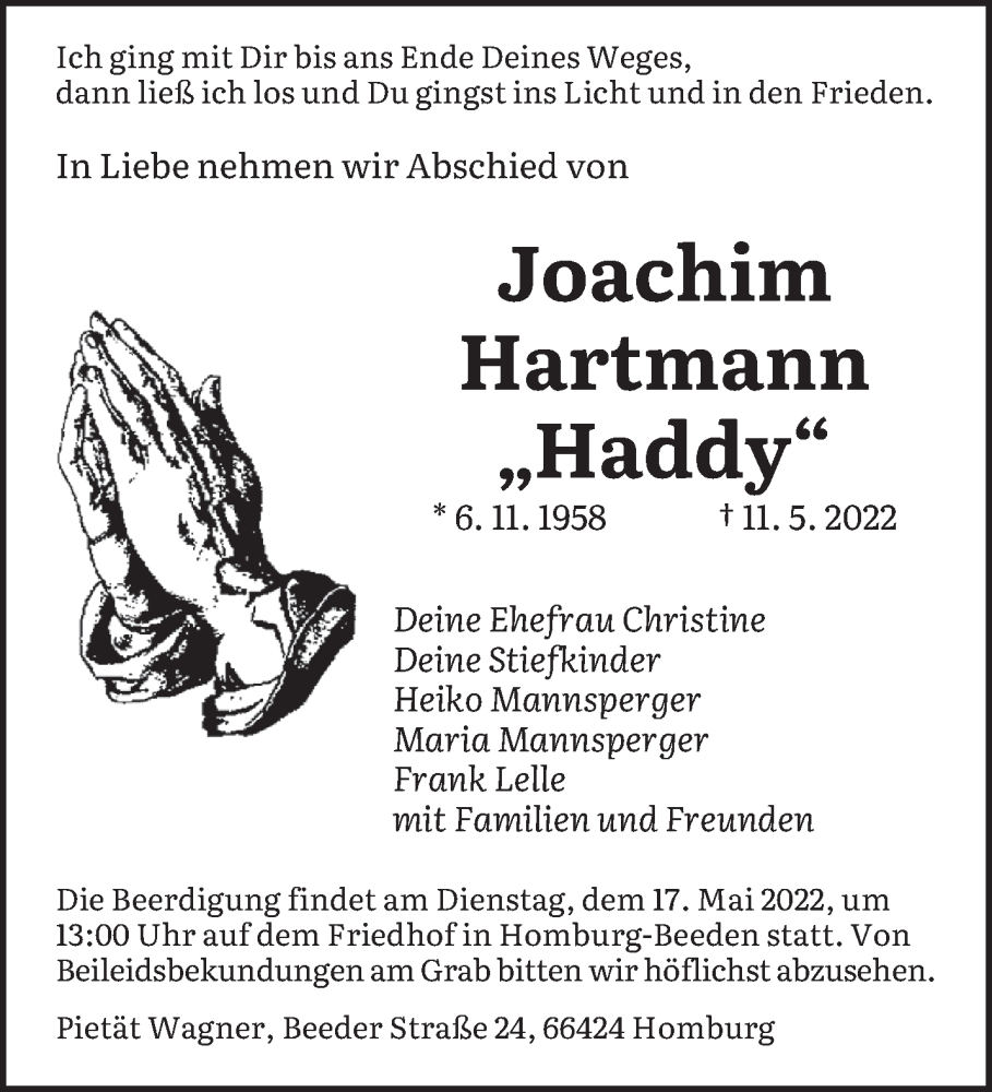  Traueranzeige für Joachim Hartmann vom 14.05.2022 aus saarbruecker_zeitung