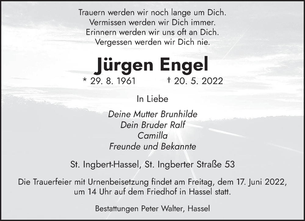 Traueranzeige für Jürgen Engel vom 28.05.2022 aus saarbruecker_zeitung
