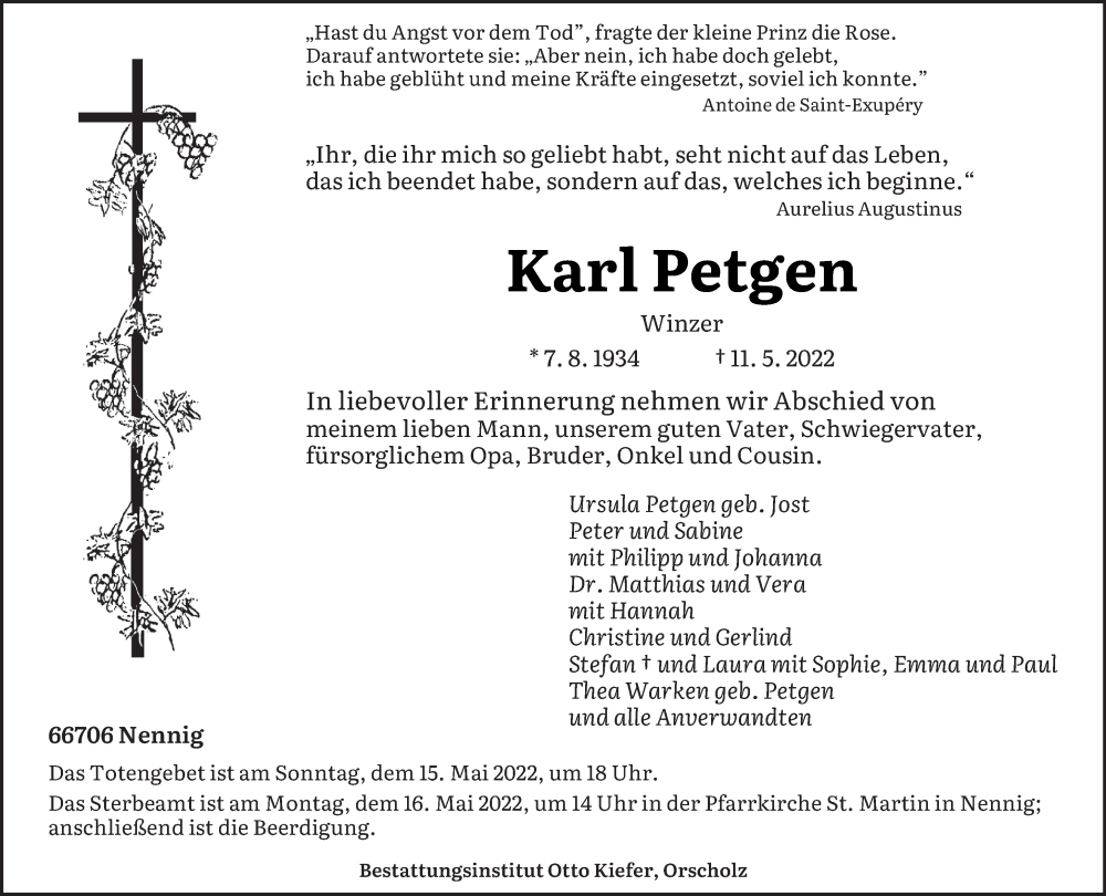  Traueranzeige für Karl Petgen vom 14.05.2022 aus saarbruecker_zeitung