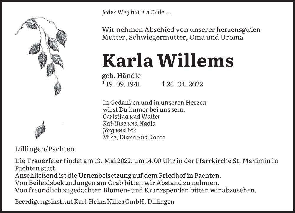  Traueranzeige für Karla Willems vom 07.05.2022 aus saarbruecker_zeitung