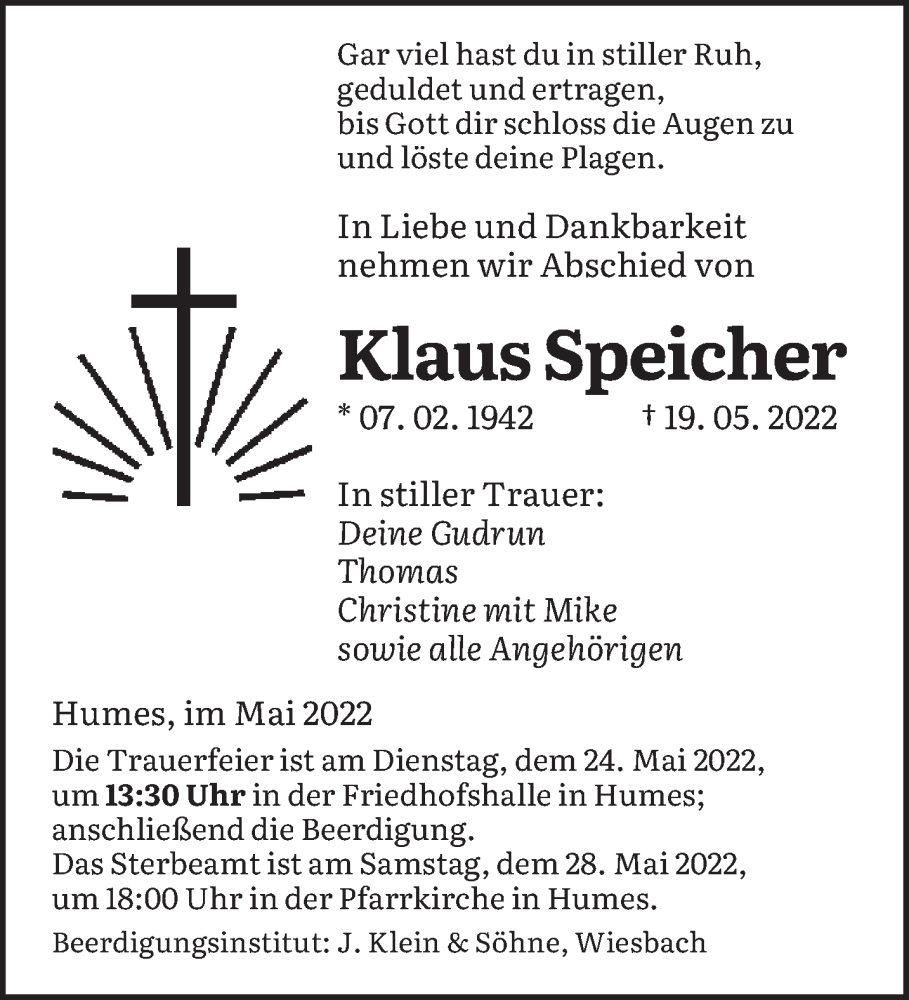  Traueranzeige für Klaus Speicher vom 21.05.2022 aus saarbruecker_zeitung