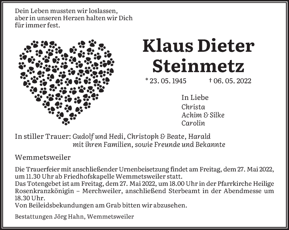  Traueranzeige für Klaus Dieter Steinmetz vom 23.05.2022 aus saarbruecker_zeitung