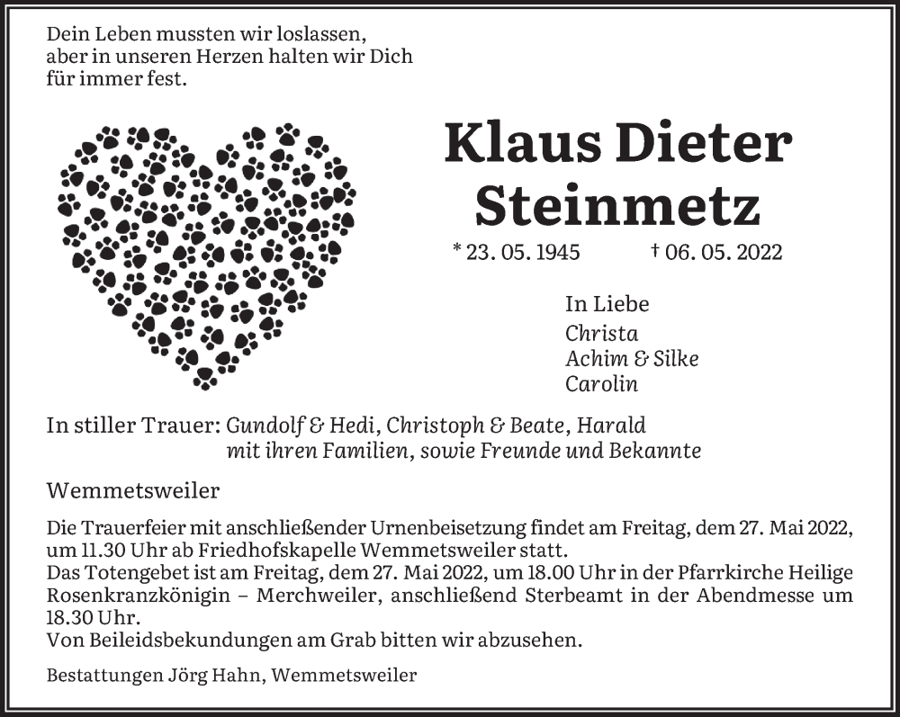  Traueranzeige für Klaus Dieter Steinmetz vom 24.05.2022 aus saarbruecker_zeitung