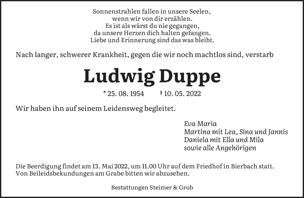  Traueranzeige für Ludwig Duppe vom 12.05.2022 aus saarbruecker_zeitung